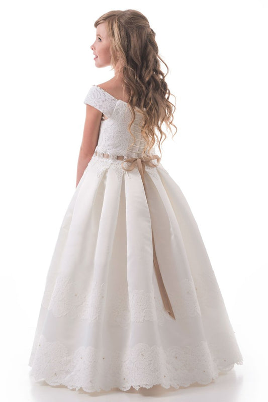 A Line Off The Shoulder Flower Girl Dresses Satin With Applique And Sash