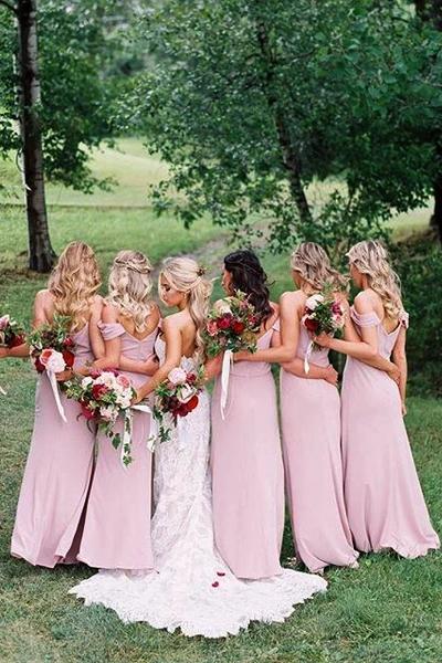 Dusty Pink Chiffon Sheath Off Shoulder Long Bridesmaid Dresses, Wedding Party Dresses SJS15141