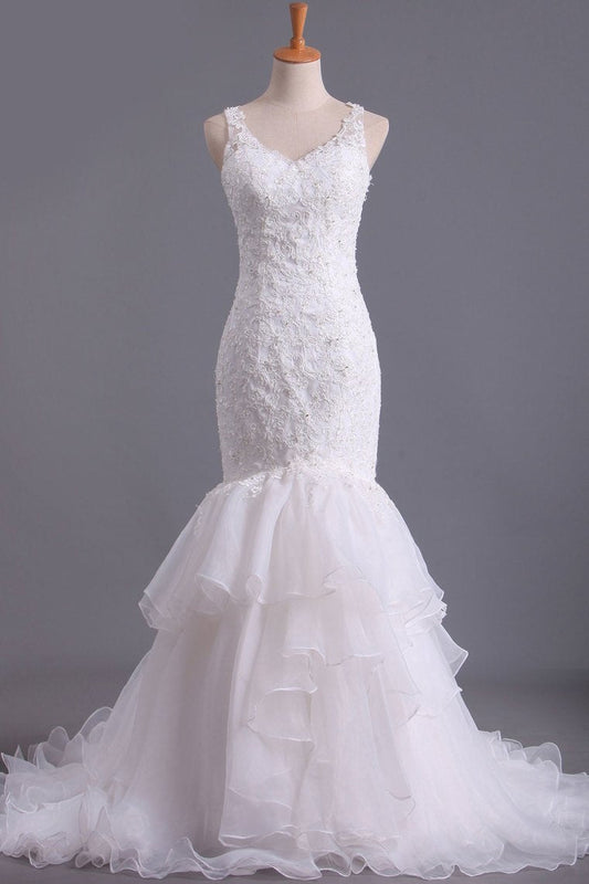 V Neck Wedding Dresses Organza With Applique & Ruffles Mermaid Court Train