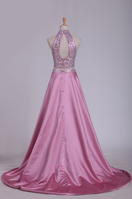 Open Back Two Pieces High Neck Prom Dresses A Line Satin With Beading