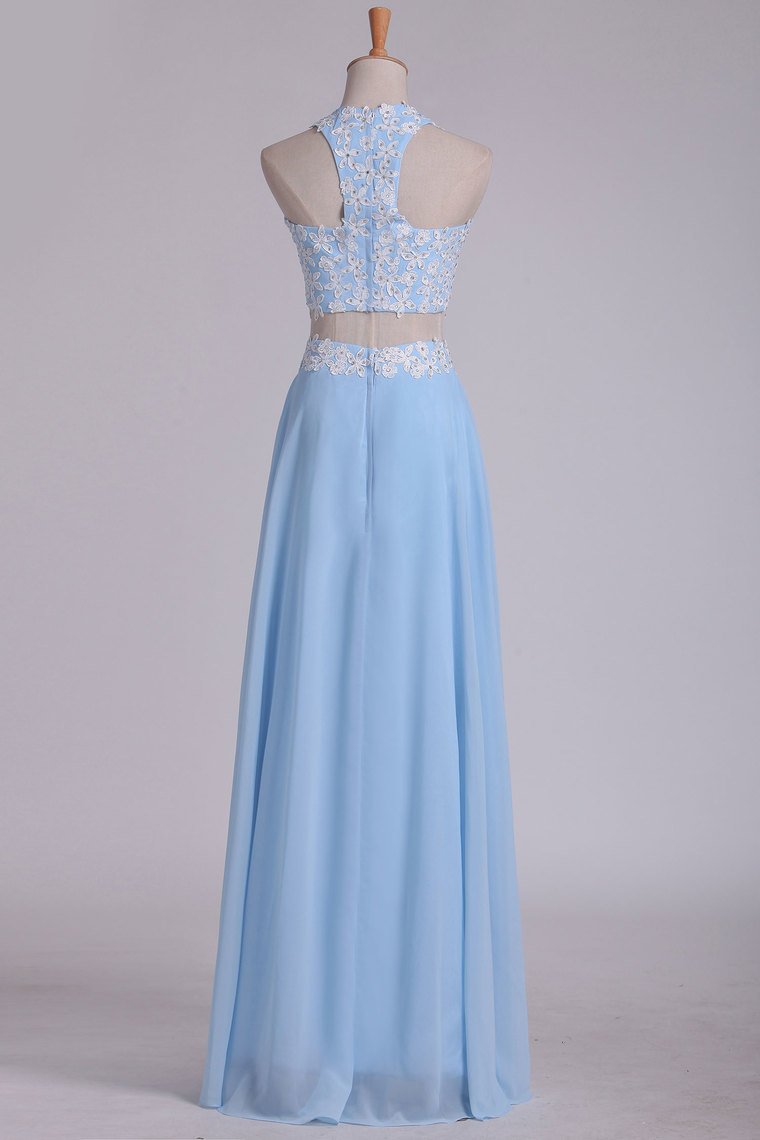 A Line Halter Two Pieces Chiffon With Applique Prom Dresses