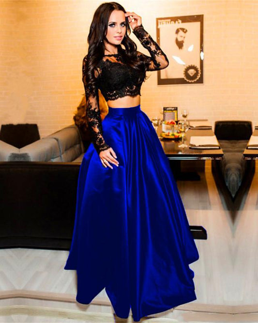 Black Lace Crop Top Satin Floor Length Prom Dresses Two Piece