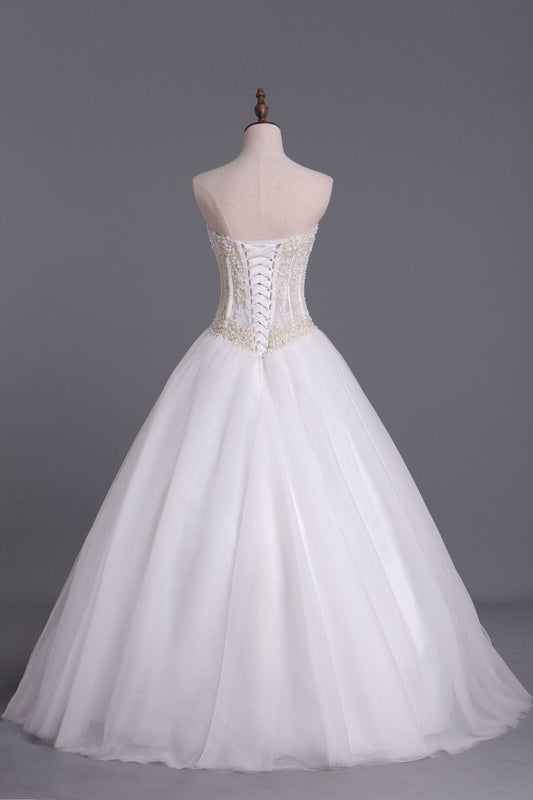 Wedding Dresses A-Line Sweetheart See Through Tulle With Pearls Lace Up Floor Length