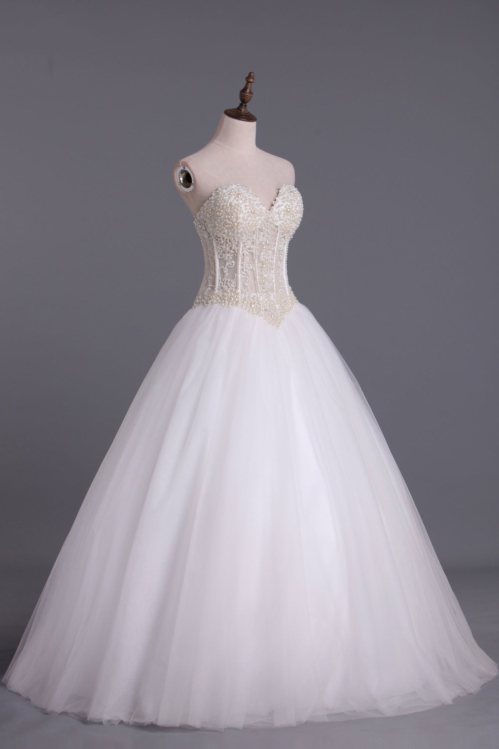 Wedding Dresses A-Line Sweetheart See Through Tulle With Pearls Lace Up Floor Length