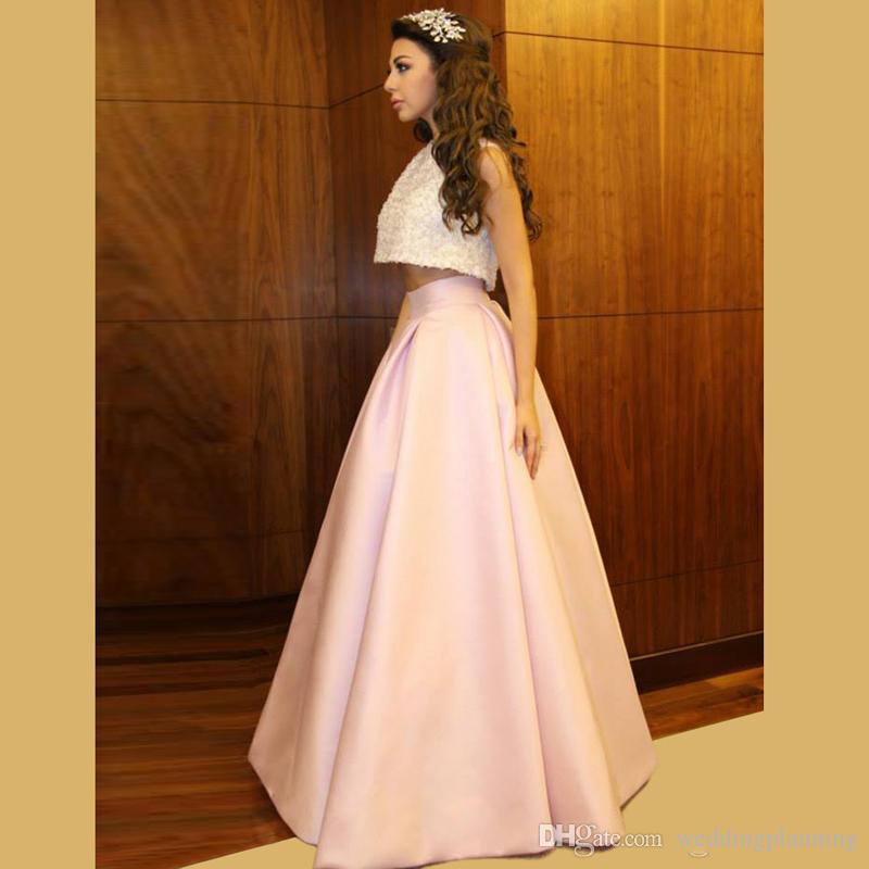 A Line Two Pieces Pink Long Satin Prom Dresses Evening Dresses