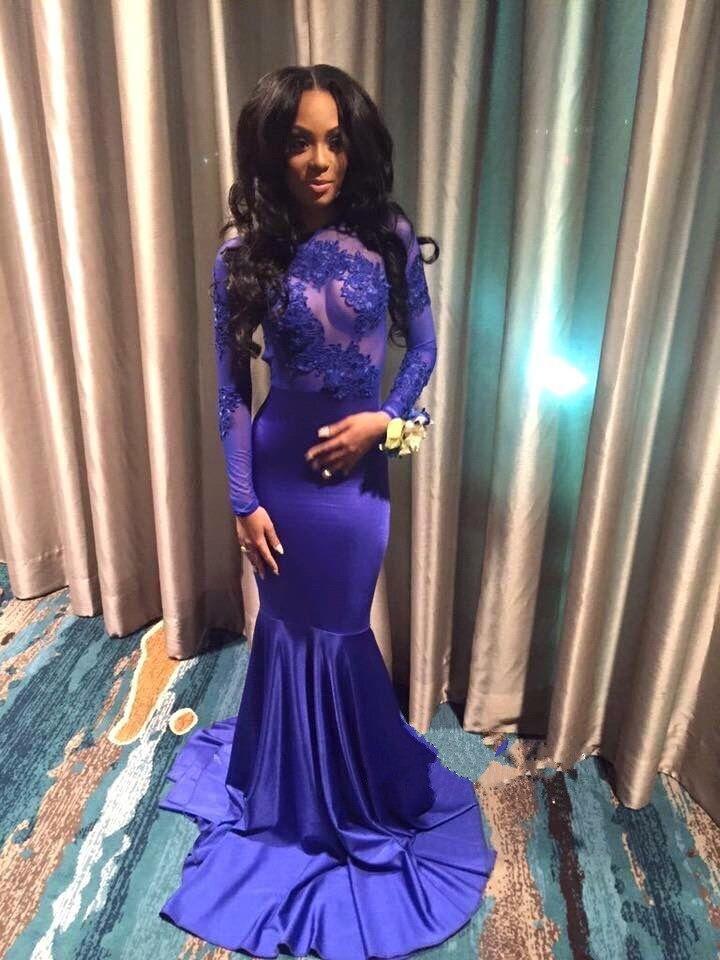 2024 Blue Sexy Appliques Long Sleeve Open Back High Neck Mermaid Prom Dresses