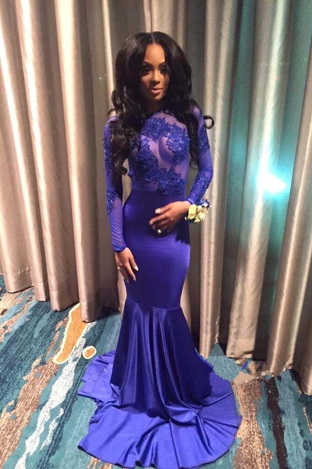 2024 Blue Sexy Appliques Long Sleeve Open Back High Neck Mermaid Prom Dresses