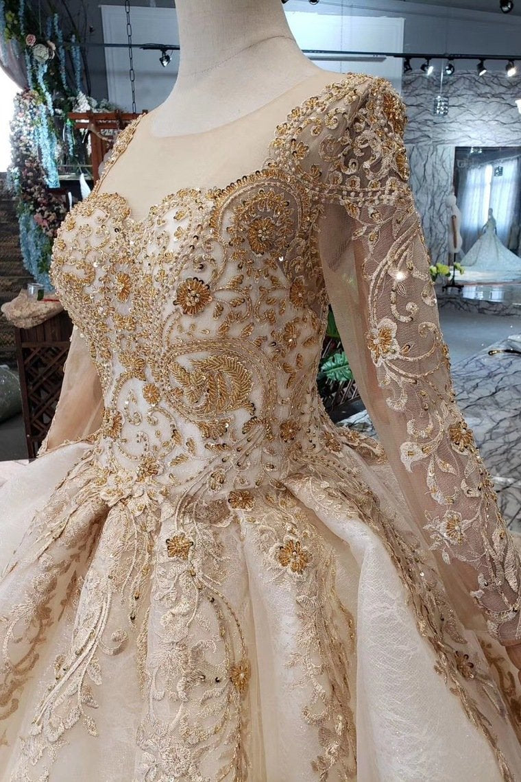 Princess Long Sleeve Ball Gown Scoop With Applique Beads Lace up Prom Dresses JS790