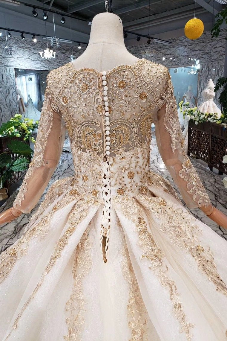 Princess Long Sleeve Ball Gown Scoop With Applique Beads Lace up Prom Dresses JS790