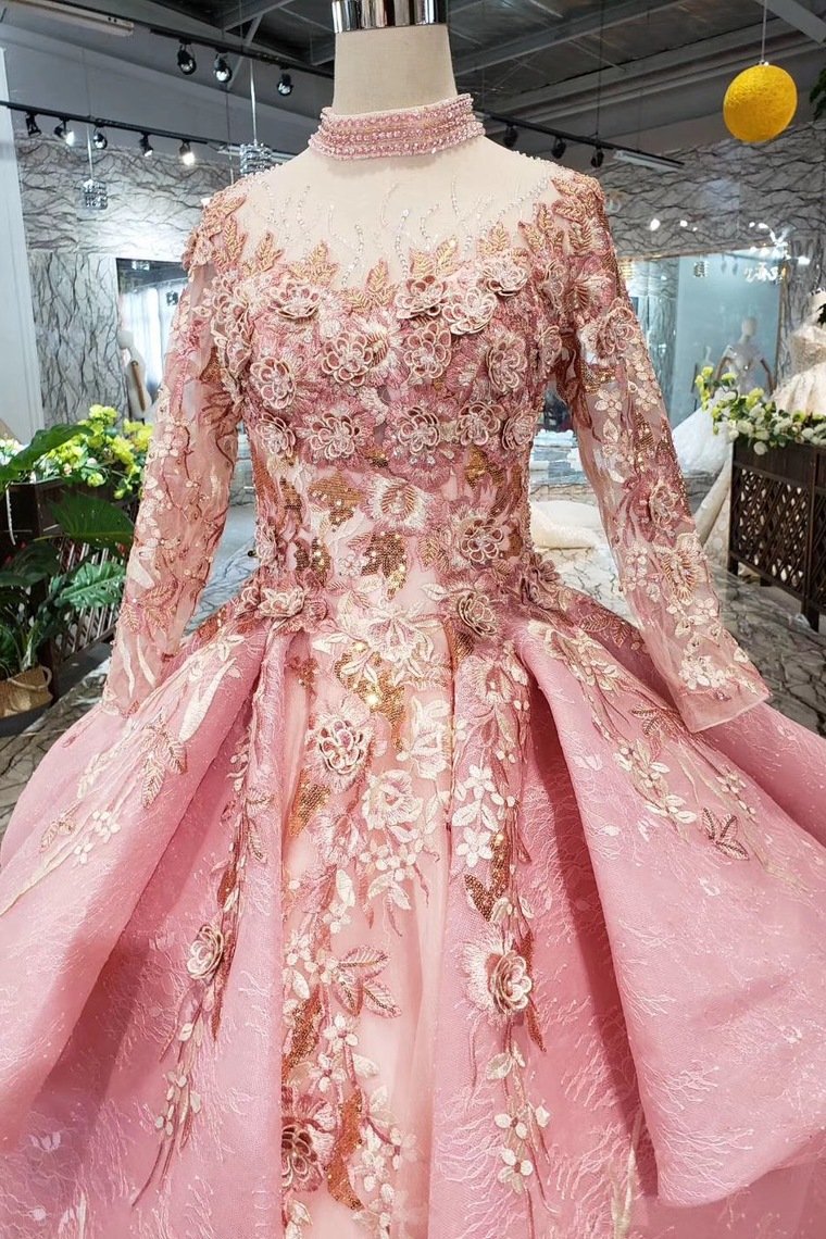 Long Sleeve Ball Gown High Neck With Lace Applique Beads Lace up Prom Dresses JS793