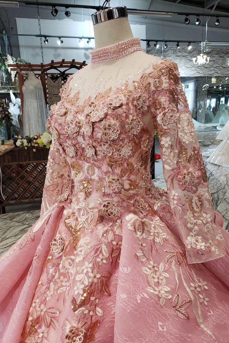 Long Sleeve Ball Gown High Neck With Lace Applique Beads Lace up Prom Dresses JS793