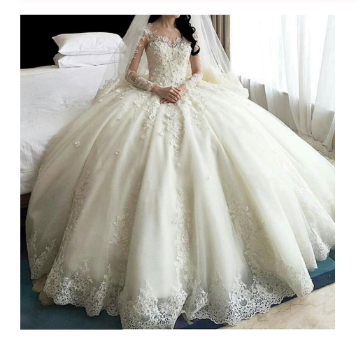 Ball Gown Ivory Sweetheart Sweep Train Long Tulle Long Sleeves Appliques Wedding Dresses