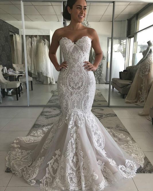 Sexy Mermaid Ivory Lace Appliques Backless Wedding Dresses Gowns