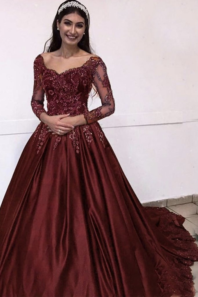 Burgundy Prom Dress Long Sleeve Lace Appliques Formal Dresses,Prom Dress