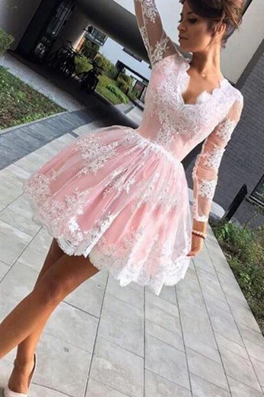 Cute A line Long Sleeves Pink Short Lace Appliques V Neck Homecoming Dress,cocktail dress