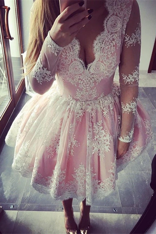 Cute A line Long Sleeves Pink Short Lace Appliques V Neck Homecoming Dress,cocktail dress