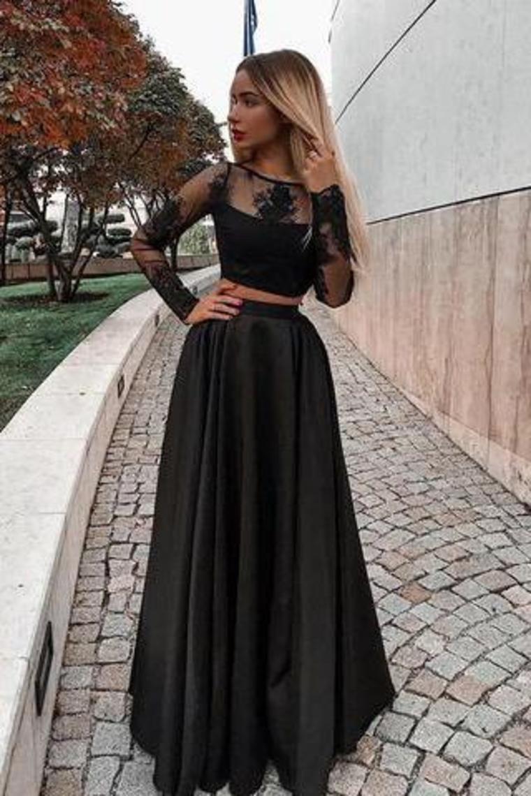 2024 Long Sleeves Scoop Prom Dresses A Line Satin With Applique Two Pieces