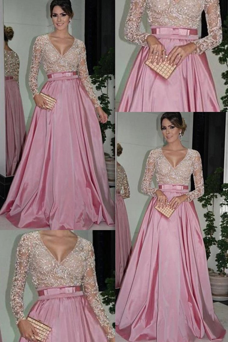 2024 Prom Dresses V Neck Long Sleeves A Line Taffeta With Beading Floor-Length