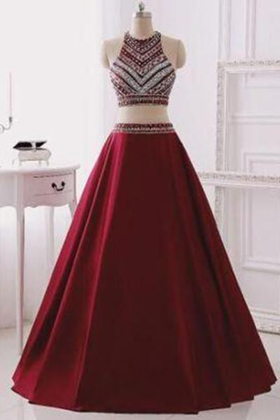 Two Piece Burgundy Glitter Halter Sleeveless Sparkly Prom Dresses For Teens JS142