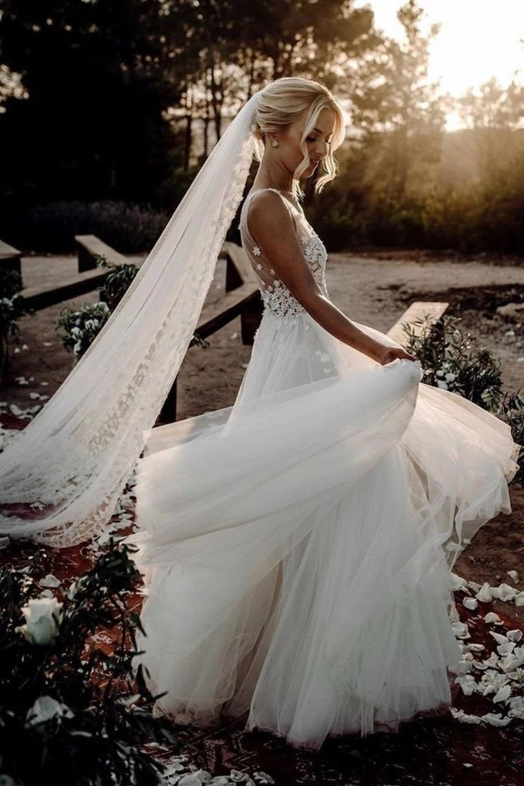 Elegant A Line V Neck Tulle Wedding Dresses With Flowers V Back Beach Wedding SJSPEKH2P28