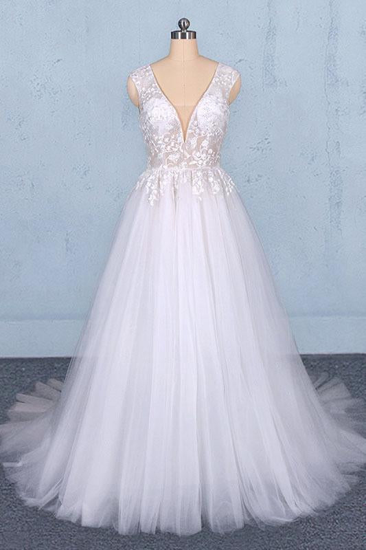 A Line Straps V Neck Lace Appliques Tulle Wedding Dresses Long Wedding Gowns SJS15034