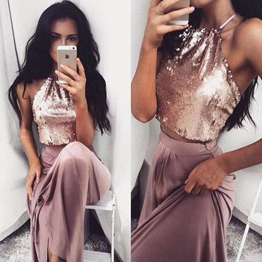 Sexy Two Pieces Shinny Sequin Long A-line Halter Prom Dresses