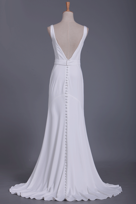 Hot Mermaid V Neck Open Back With Sash Wedding Dresses Spandex