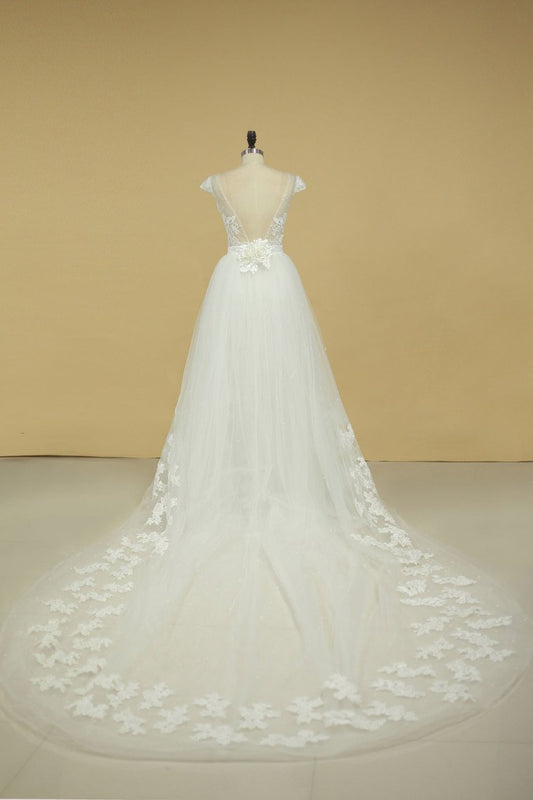 Bateau Sheath Wedding Dresses Tulle With Applique And Sash