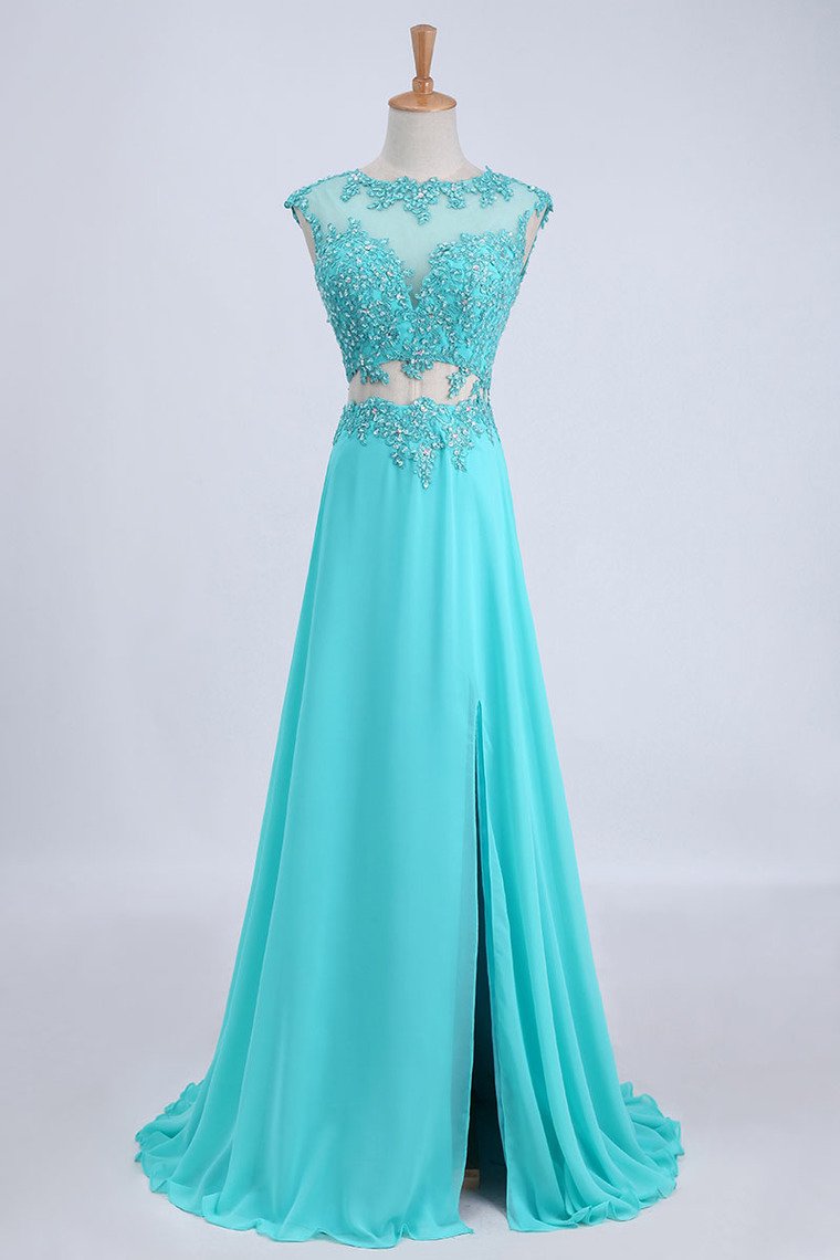 Two Pieces Prom Dresses Bateau Backless A Line Chiffon Sweep Train With Slit