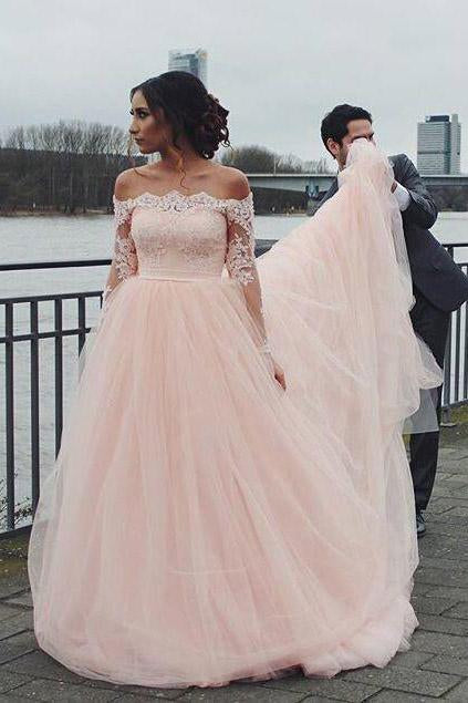 Off the Shoulder Long Sleeves Pink A-line Wedding Dresses, Blush Pink Tulle Bridal Dresses SJS15270