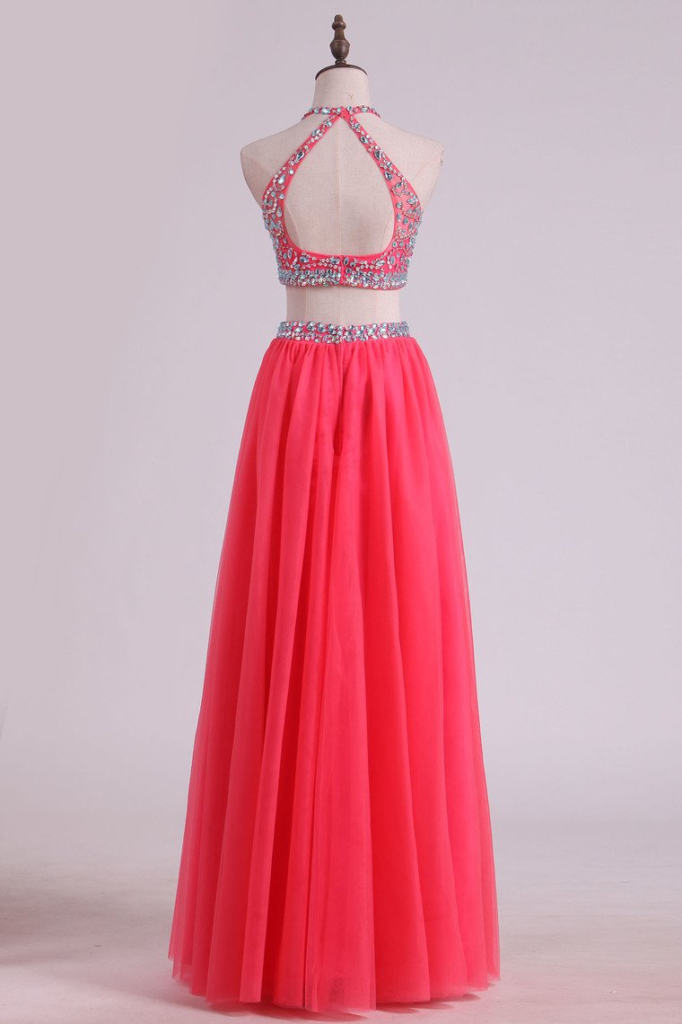 Two Pieces Halter Prom Dresses A Line Tulle With Beading Floor Length