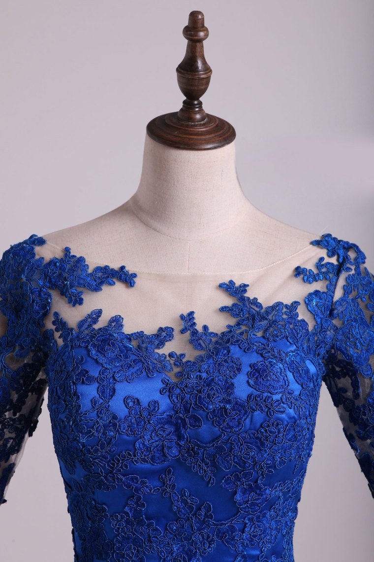 Hot Bateau Dark Royal Blue Mother Of The Bride Dresses 3/4 Length Sleeve With Applique Satin