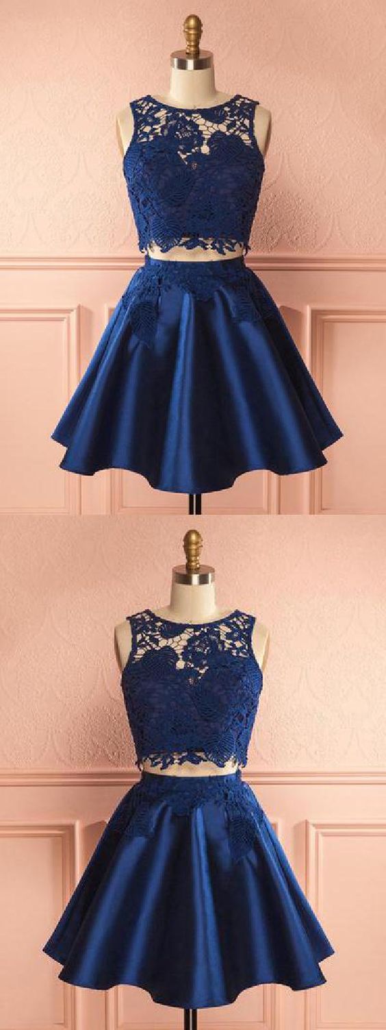 2 Pieces Navy Satin Katharine Homecoming Dresses Two Pieces Lace Blue Party Dress