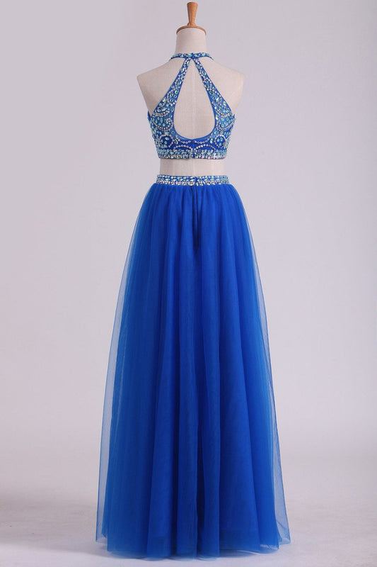 Halter Two Pieces A Line Prom Dresses Beaded Bodice Floor Length