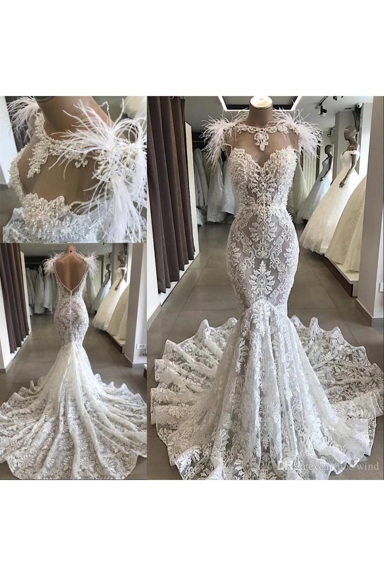 Luxury Lace Mermaid Wedding Dress With Train Sexy Open Back Pearls Wedding SJSPE5AS8YA