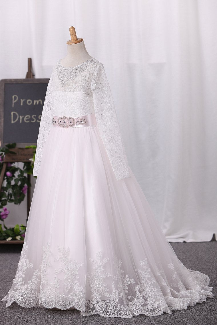 Scoop Tulle Lace Bodice With Sash/Belt Flower Girl Dresses Ball Gown