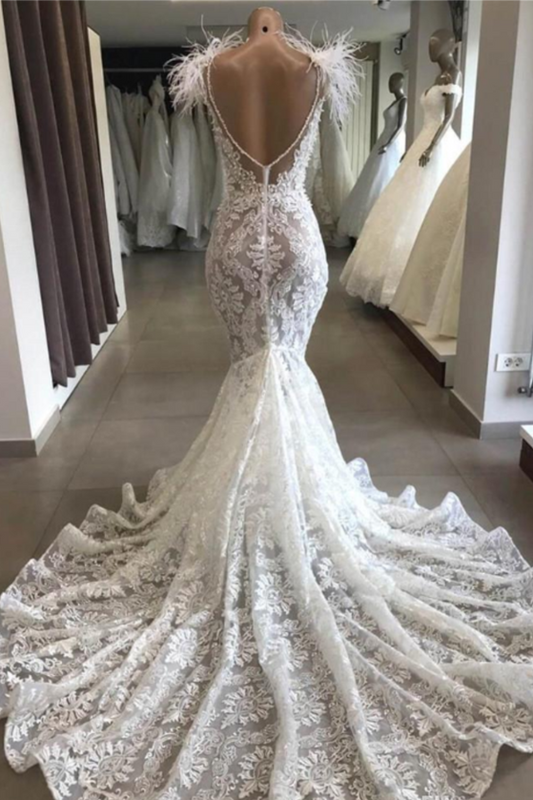 Luxury Lace Mermaid Wedding Dress With Train Sexy Open Back Pearls Wedding SJSPE5AS8YA