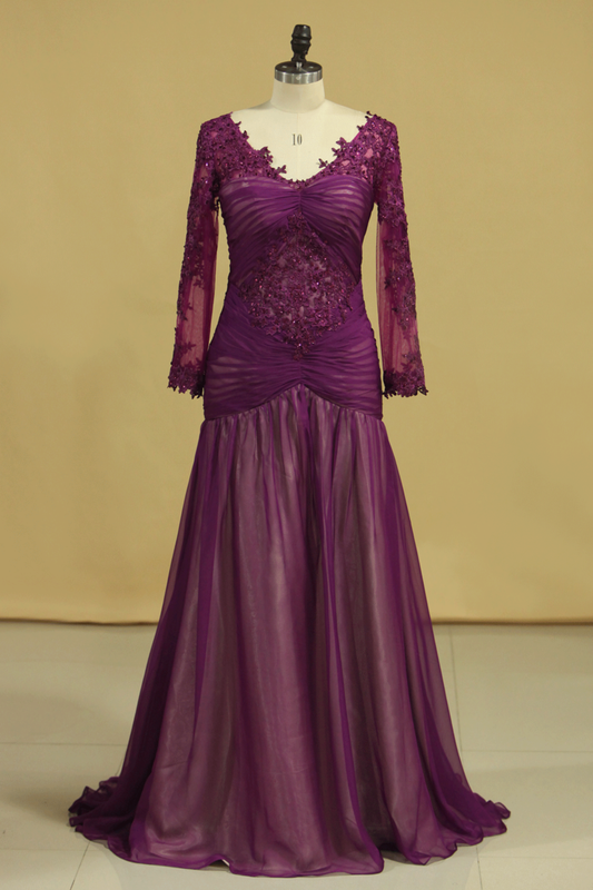 2024 Grape V Neck Long Sleeves Mermaid Evening Dresses Chiffon With Applique And Ruffles