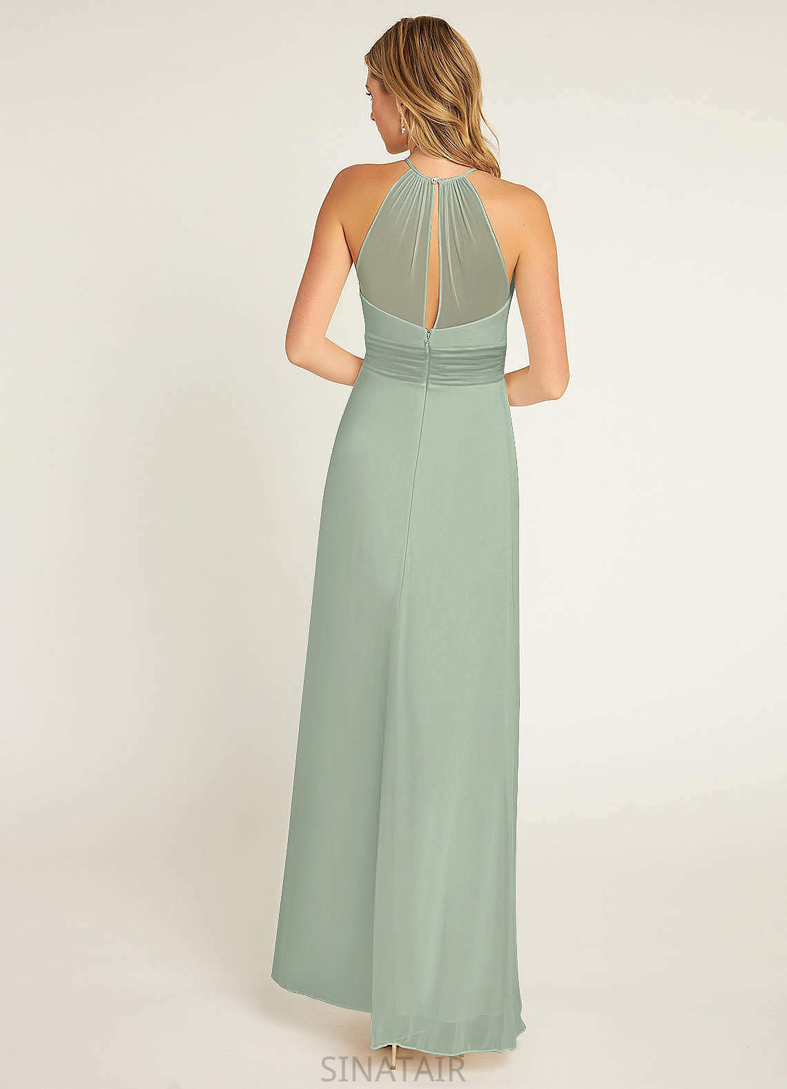 Regan Sleeveless Floor Length Stretch Satin Halter Natural Waist Sheath/Column Bridesmaid Dresses