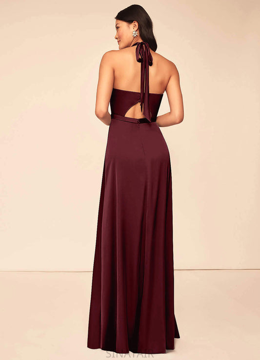 Keyla Sleeveless Spaghetti Staps Natural Waist Floor Length Satin Sheath/Column Bridesmaid Dresses