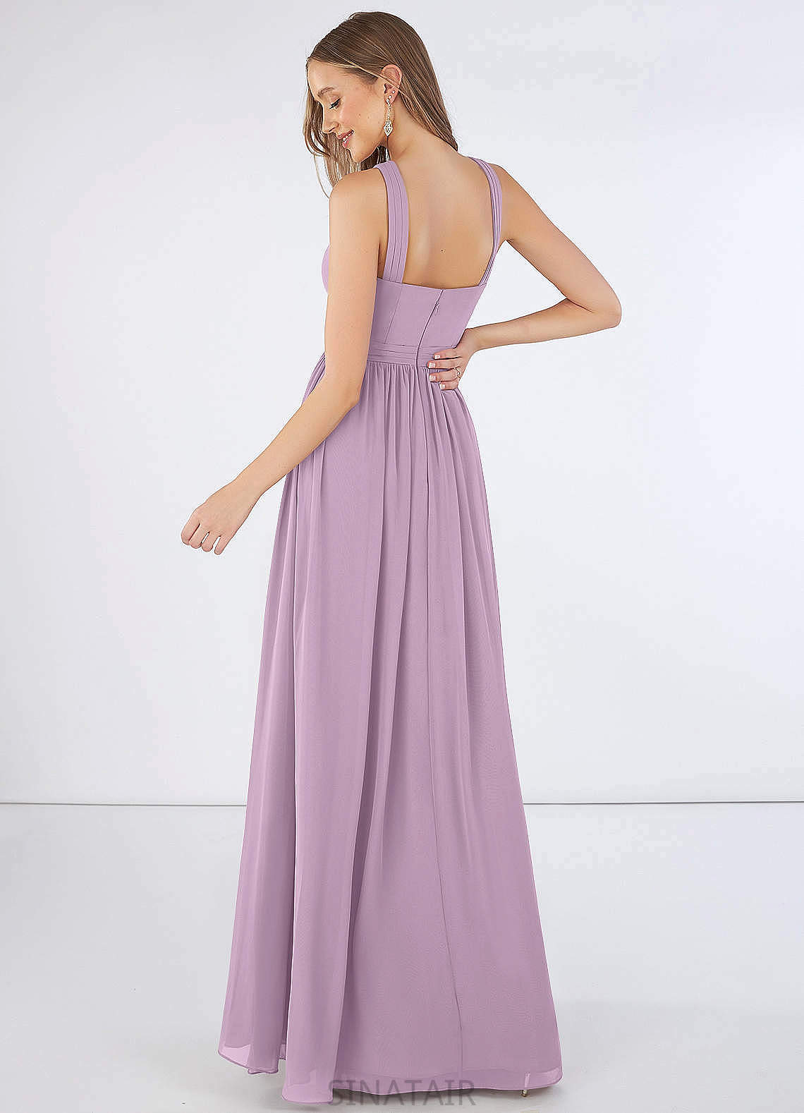 Delilah Natural Waist V-Neck A-Line/Princess Sleeveless Floor Length Bridesmaid Dresses