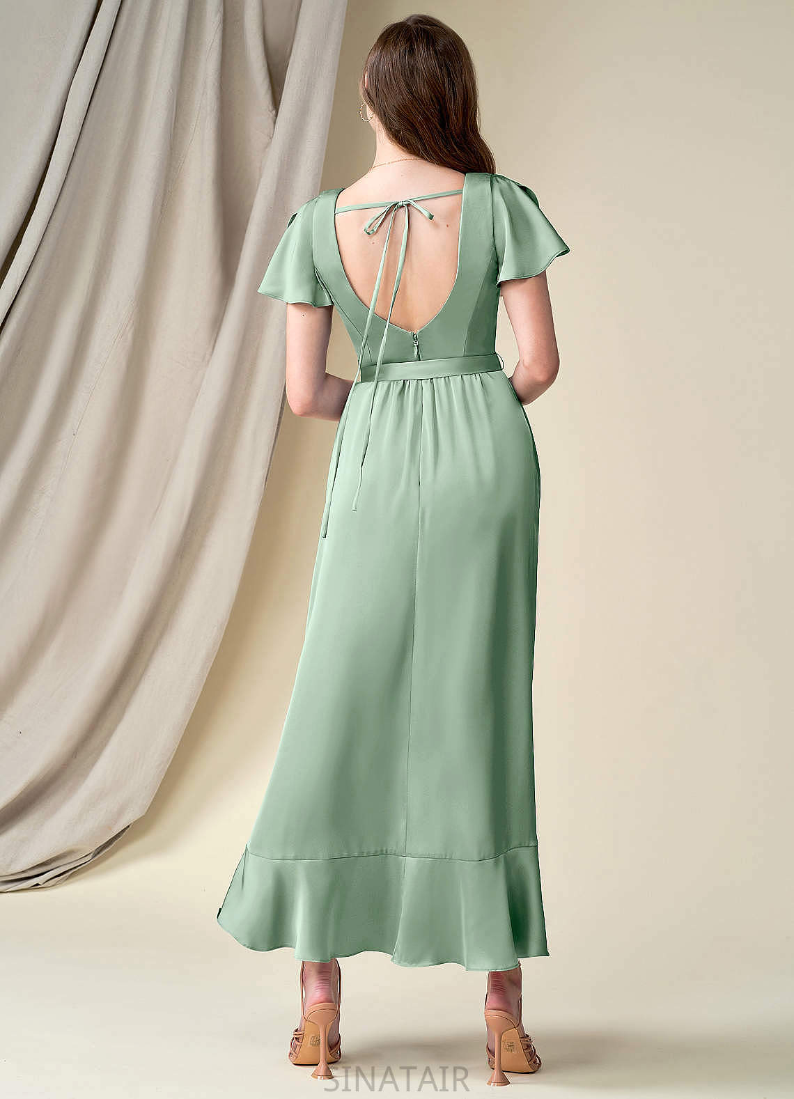 Emilie V-Neck Short Sleeves A-Line/Princess Floor Length Natural Waist Bridesmaid Dresses