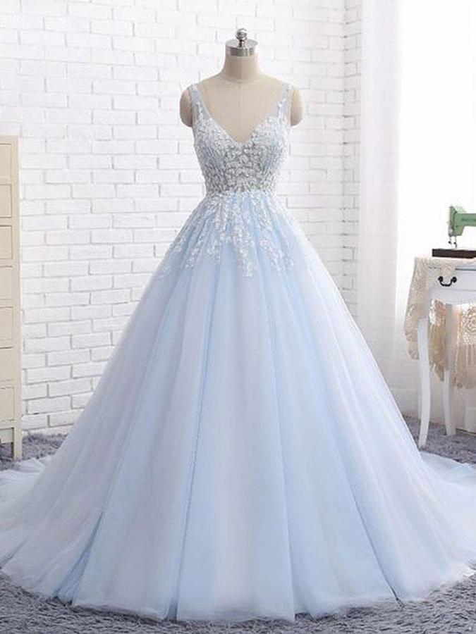 Sexy Ball Gown Tulle Sky Blue V-neck Appliques Brush Train Long Sleeveless Prom Dresses