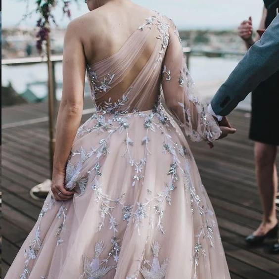 Long Sleeve One Shoulder Sparkly Prom Dress Long Evening Dress, Long Prom Dresses SRS15245