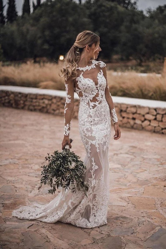 Mermaid Lace Appliques Long Sleeve See-Though Tulle Wedding Dresses Beach Wedding SRSPBSR61G8