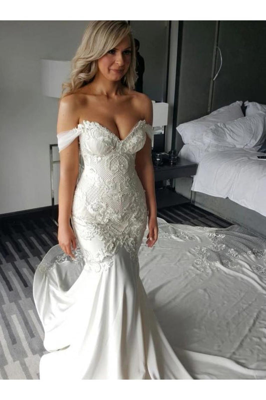 Off Shoulder Lace Appliques Mermaid Wedding Dress With SJSPARQXA2C