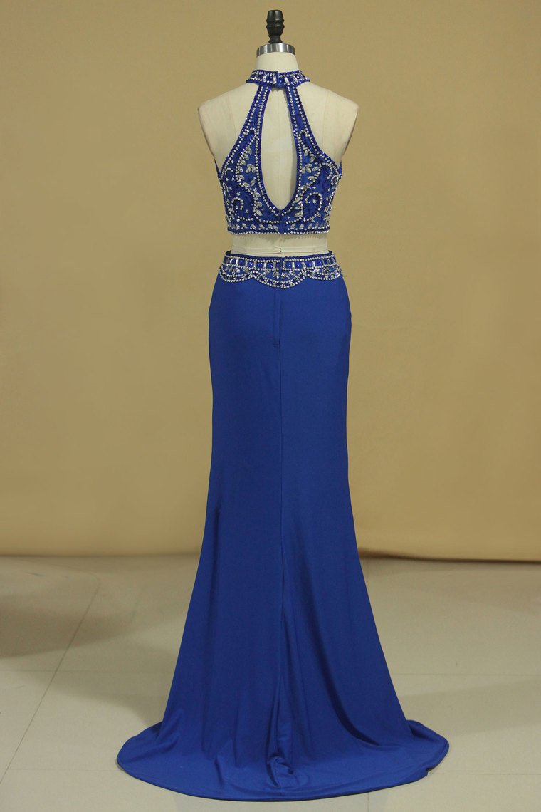 Two Pieces High Neck Beaded Bodice Spandex Prom Dresses Dark Royal Blue