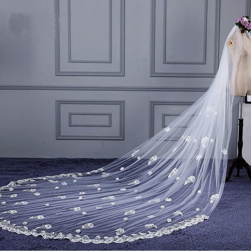 3M Tulle Ivory Wedding Veils with Appliques, Fashion Hand Made Flowers Wedding Veils SJS15544