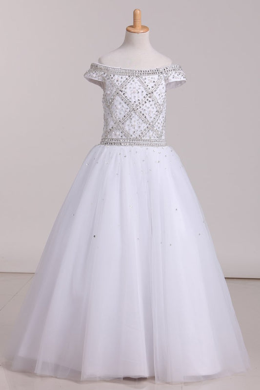 Floor Length Boat Neck Beaded Bodice Flower Girl Dresses Tulle Lace Up