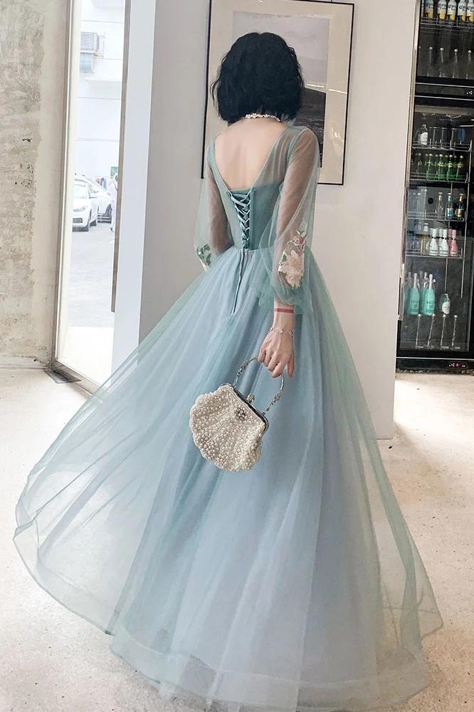 Elegant Long Sleeves Appliqued Tulle Prom Dresses, Floor Length Appliques Evening Dresses SRS15175